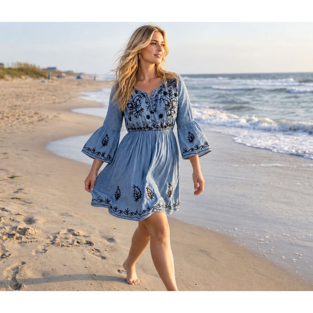 Riviera Sun Boho Dress Light Denim Blue With Black Embroidery Plus Size 1X